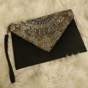 Silver beaded black flap clutch